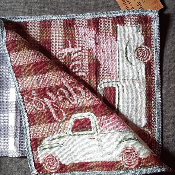 Runner Table Tabletop Gray Check Red Truck Jacquard Woven 54" Christmas Holiday - Picture 4 of 5